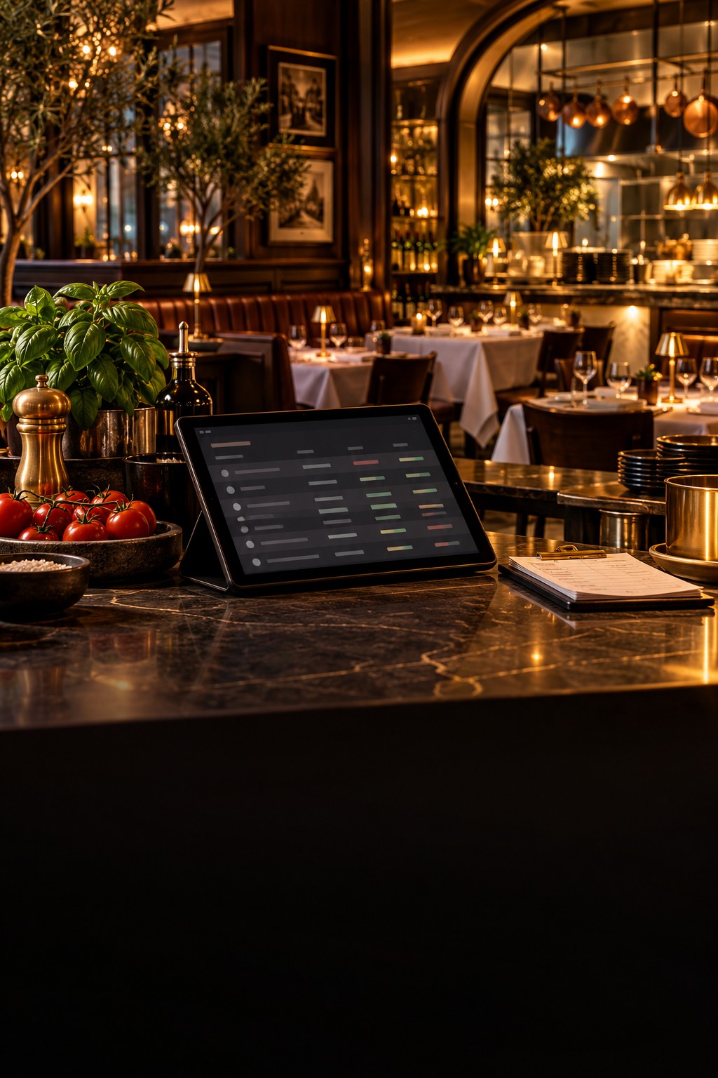 An elegant restaurant with a tablet and purchasing sheet on the counter